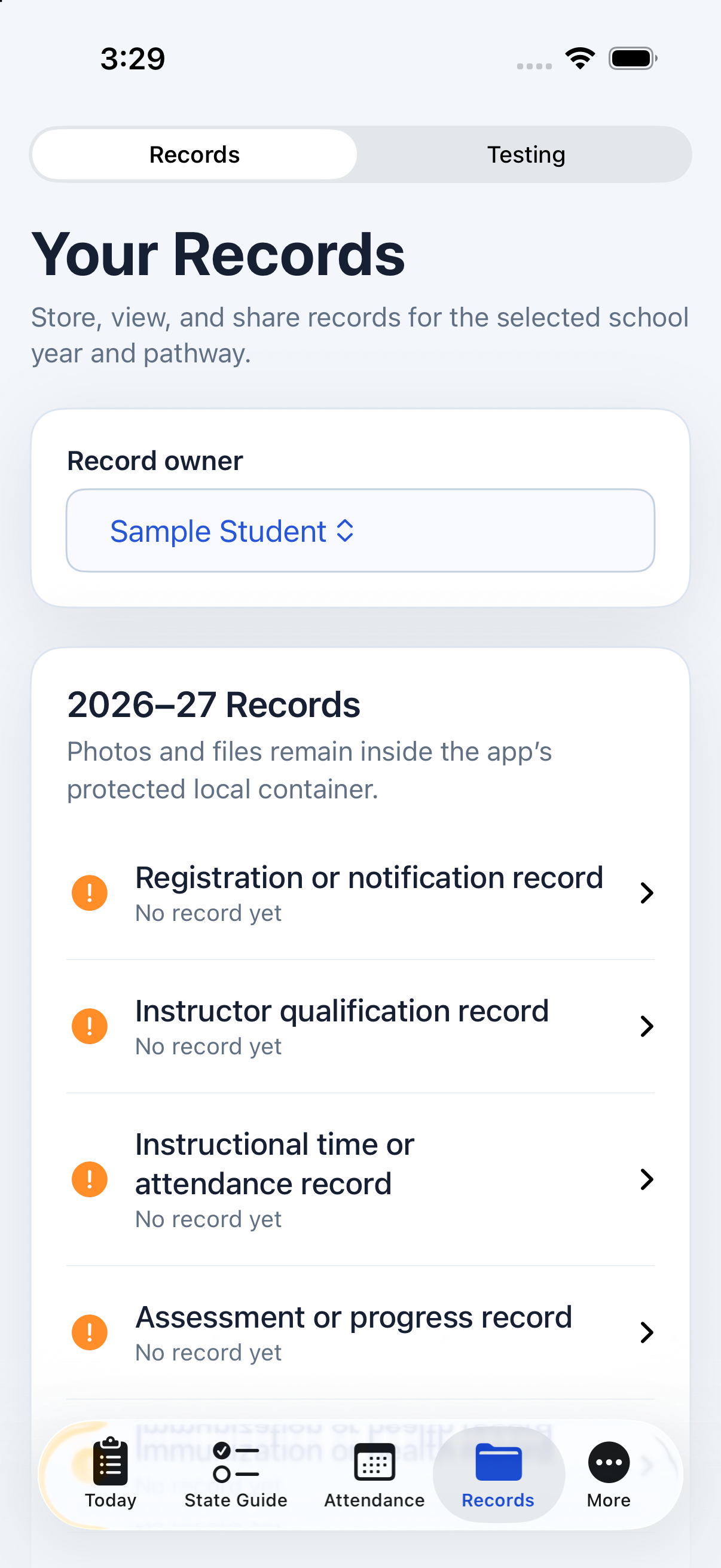 Homeschool Assistant Records screen in light appearance listing each record with its status