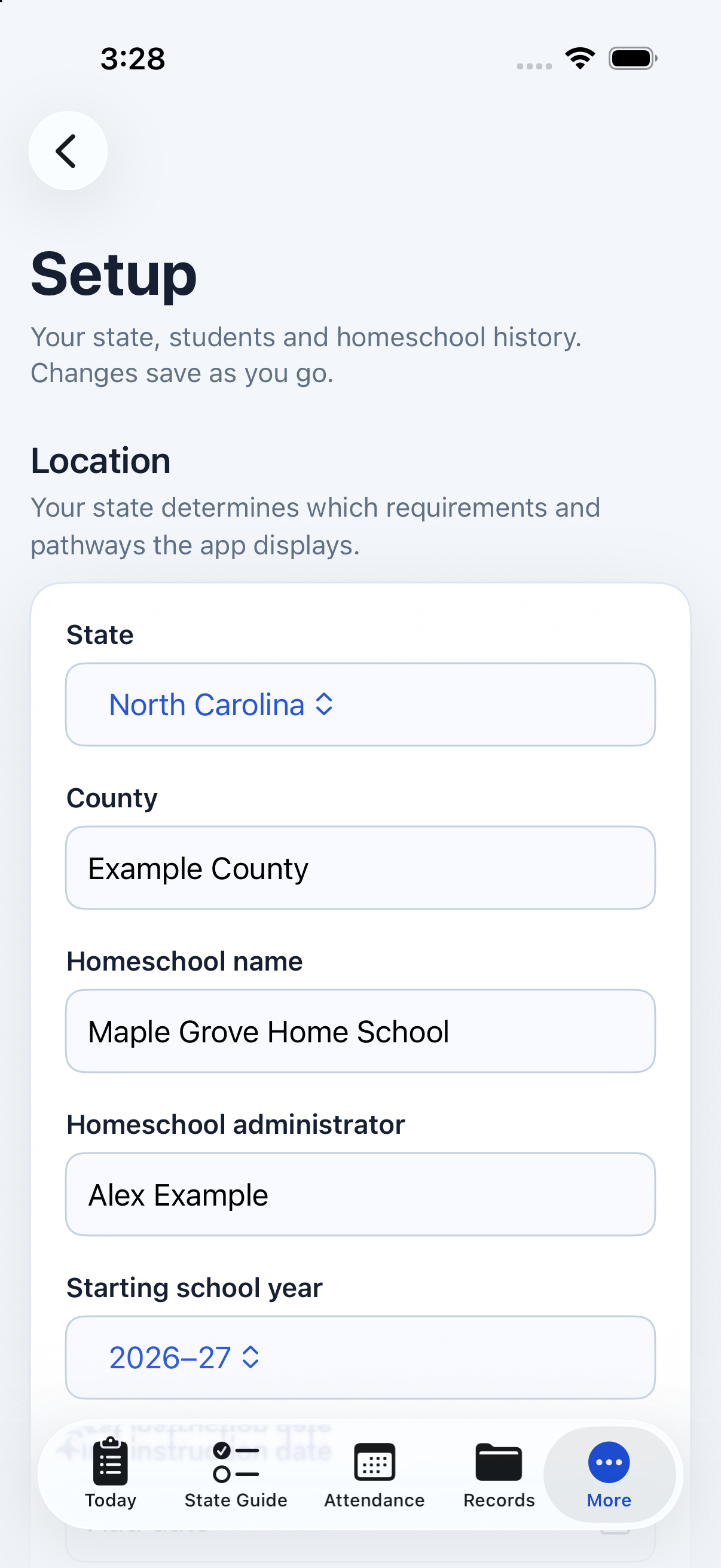Homeschool Assistant Setup screen in light appearance with fictional location details: state, county, homeschool name and administrator