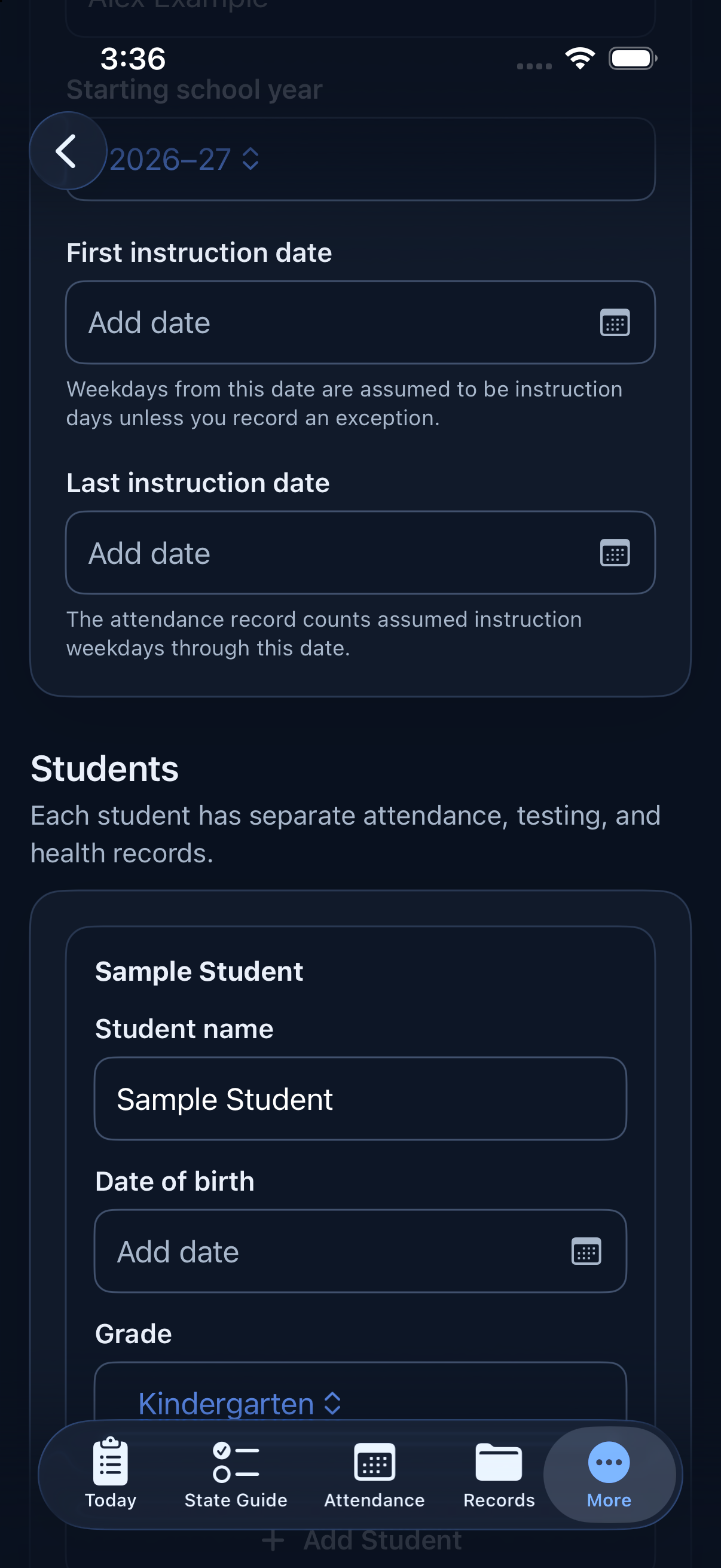 Homeschool Assistant Setup screen in dark appearance with instruction dates and a fictional student